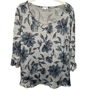 Westport Gray Blue Floral Round Neck 3/4 Sleeve Ruffle Hem Blouse Women's Small